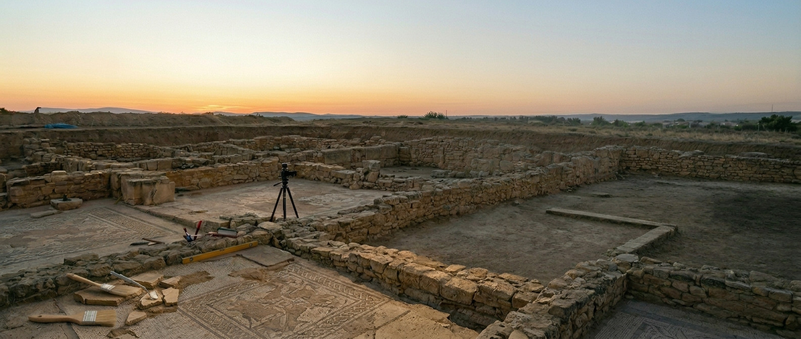 Yacimiento arqueológico con mosaicos romanos al atardecer