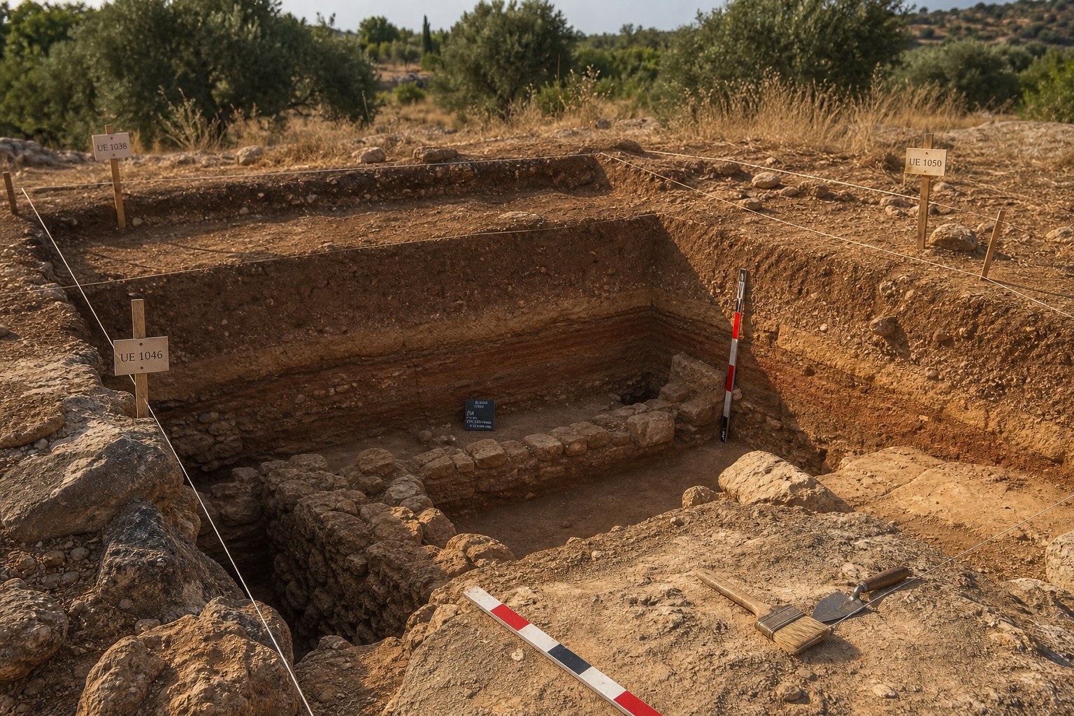 Excavación arqueológica con perfil estratigráfico y cuadrícula de registro
